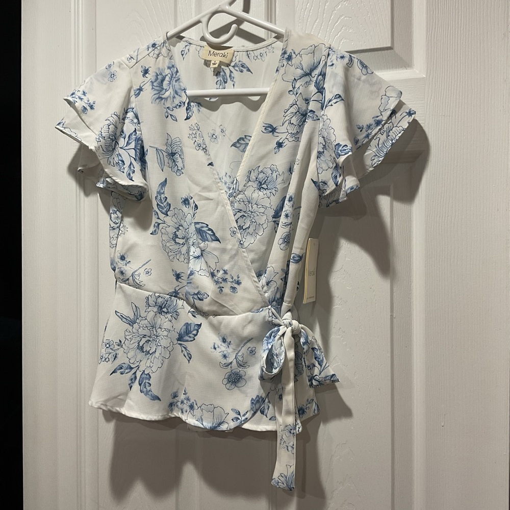Meraki Women's White and Blue Floral Wrap Blouse flutter sleeves peplum shirt